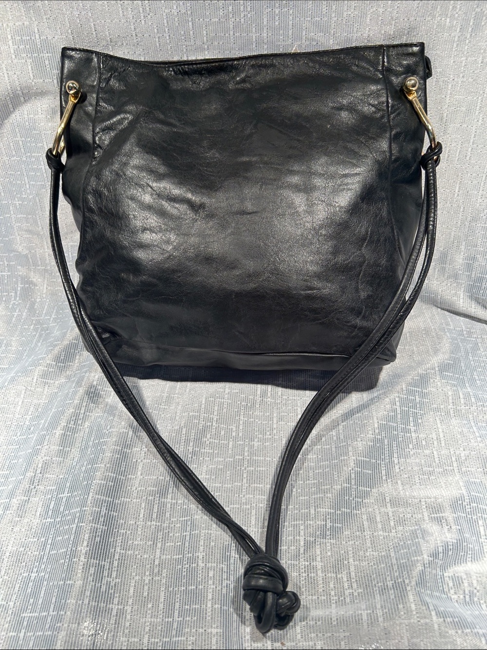 Vintage Mimo Sacs Black Crinkle Leather Hobo Shoulder Bag - Made in Canada